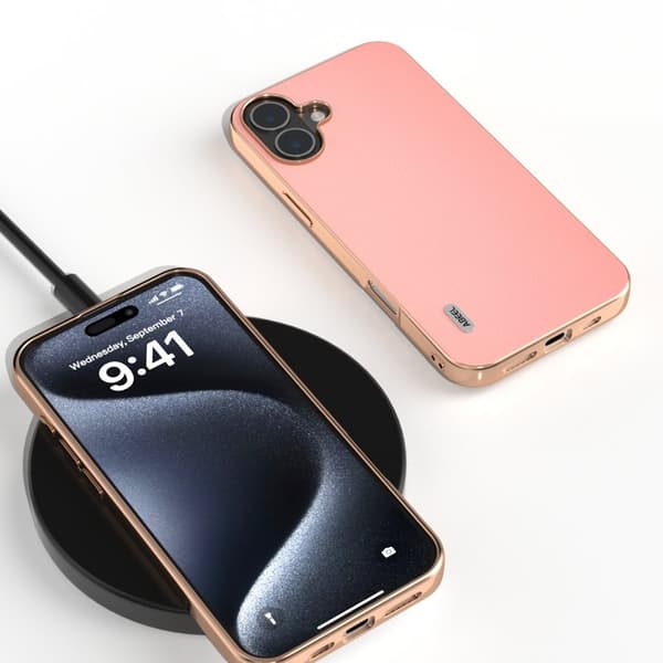 ABEEL Mobilskal till iPhone 16 Plus Electroplating Äkta Läder + TPU - Rosa