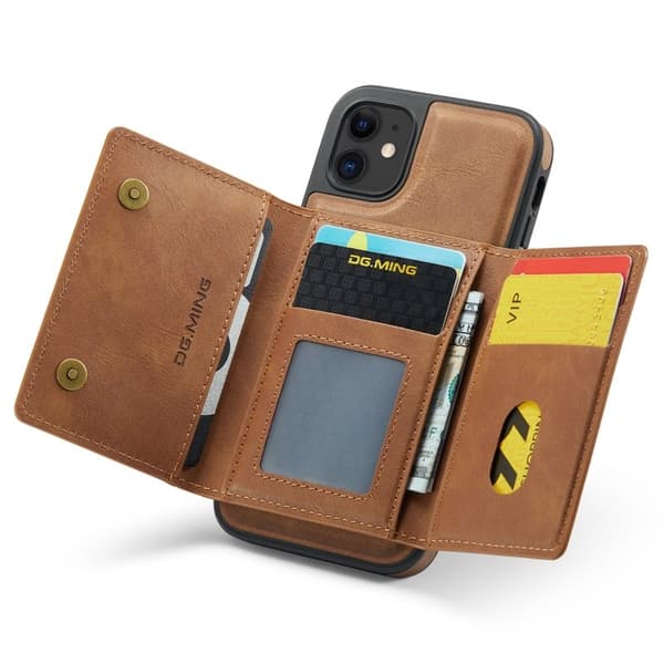 DG.MING iPhone 11 Konstläder Plånboksfodral med kortfickor - Brun