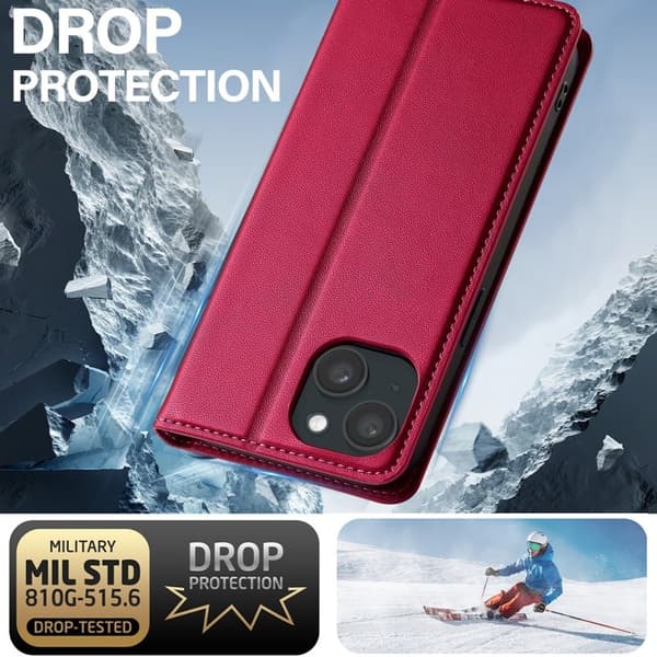 LC.IMEEKE L1 Series iPhone 15 Plånboksfodral Konstläder - Röd