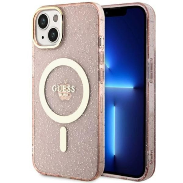 Guess iPhone 14 Plus Mobilskal MagSafe Glitter Guld - Rosa