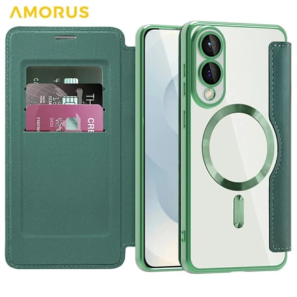 Amorus Galaxy S25 Edge Plånboksfodral Magsafe RFID-Skydd - Grön Grön