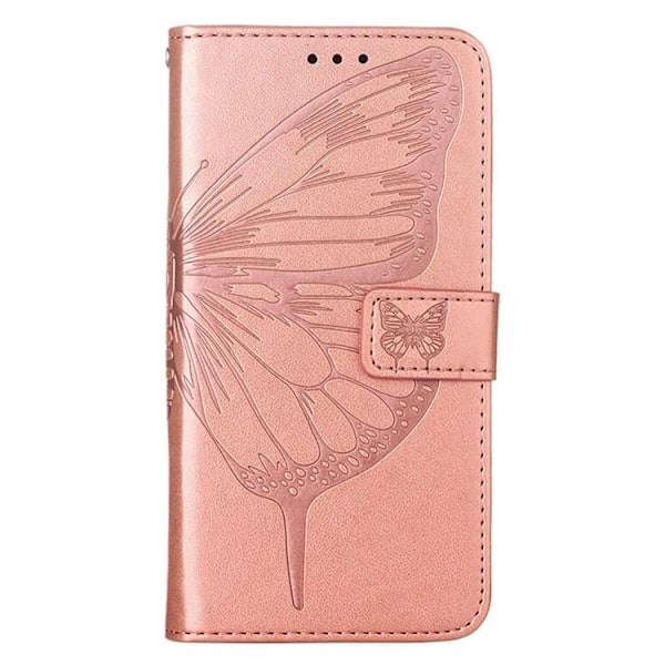 iPhone 14 Plånboksfodral Butterfly Flower Imprinted - Rosa Guld