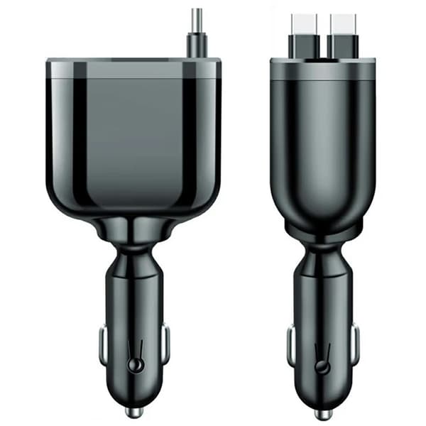 5in1 Billaddare USB-A - 2x USB-C med Dual Indragbar Kabel LED Svart