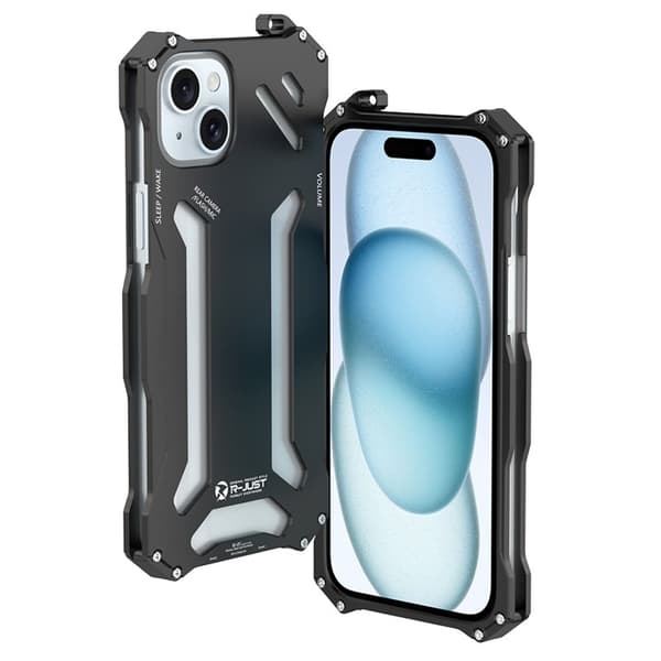 R-JUST Mobilskal till iPhone 15 Metall Hål Design Stötsäker Silver+Blå