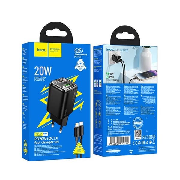 Hoco Hurtigoplader PD 20W USB-A USB-C QC3.0 3A med Lightning-kabel N52 - Sort Svart