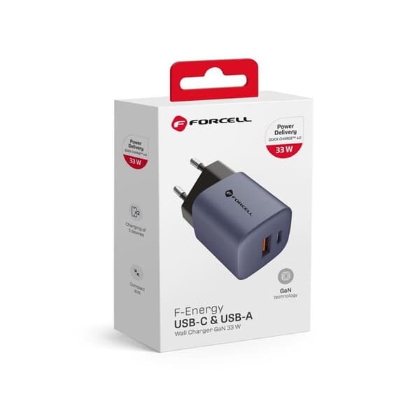 Forcell F-Energy Snabbladdare GaN 33W 3A PD QC 4.0 Grå