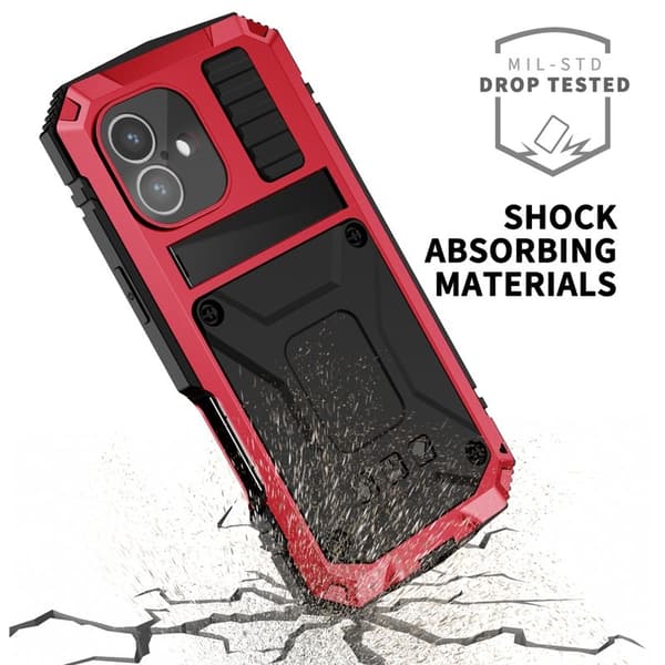 R-JUST Mobilskal till iPhone 16 Plus PC+Silicone+Metal Kickstand Röd