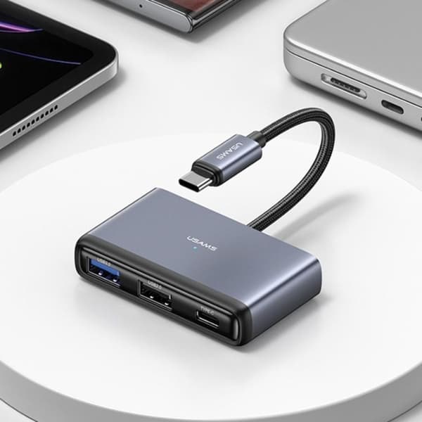 USAMS 5in1 Adapter Hubb USB-C 2xUSB-A TF SD - Grå