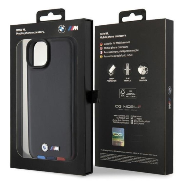 BMW iPhone 15 Plus Mobilcover Læderstempel Tricolor - Sort