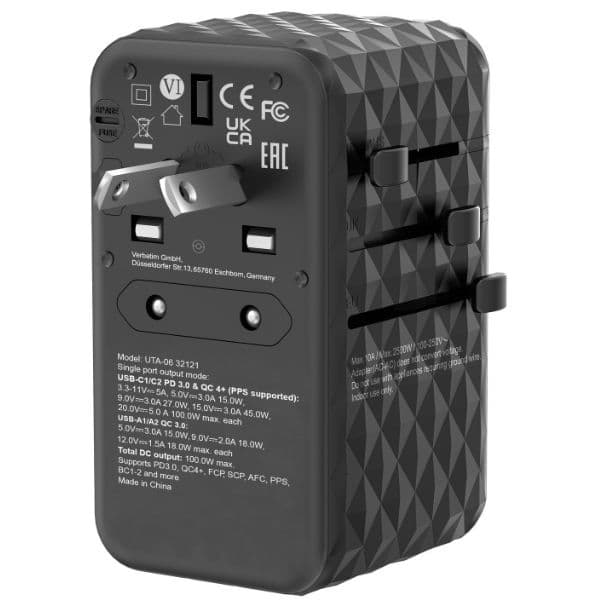 Verbatim Rejseoplader GaN 100W PD 2xUSB-C 2xUSB-A EU/UK/USA - Sort Svart