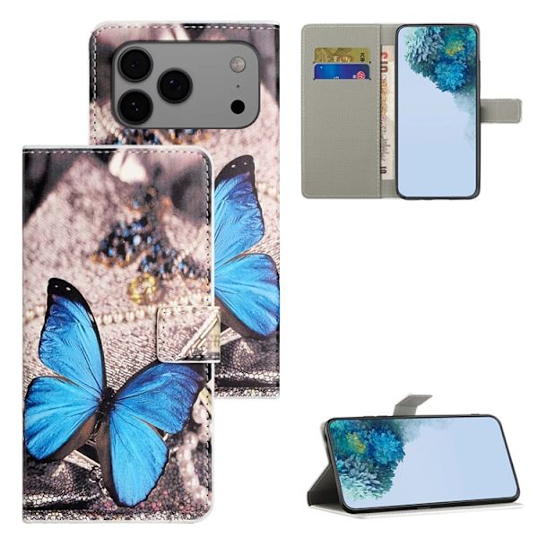 iPhone 17 Pro Plånboksfodral Pattern Print Konstläder - Blå Fjäril Blå