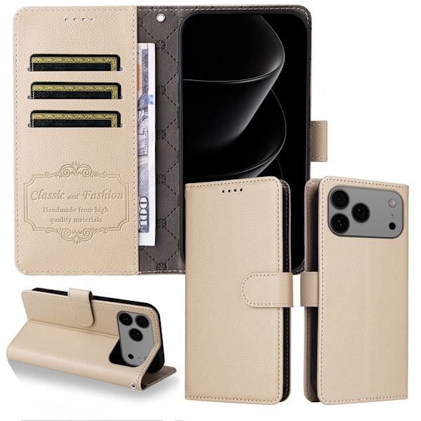iPhone 17 Pro Max Plånboksfodral RFID Blocking med Handledsrem Beige