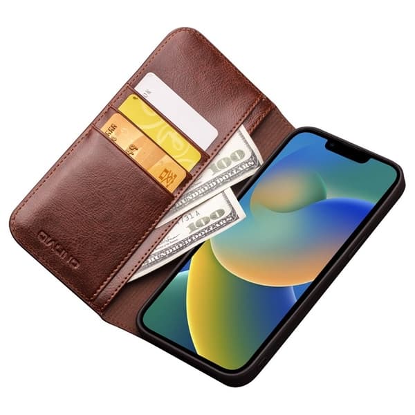 QIALINO iPhone 14 Plånboksfodral Äkta Läder Cowhide - Brun Brun