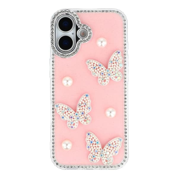 Mobilskal till iPhone 17 Rhinestone Edge Pearl Butterfly Rosa