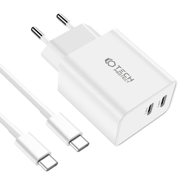 Tech-Protect 2-Port Nätverk Laddare Med USB-C Kabel 35W 1m - Vit