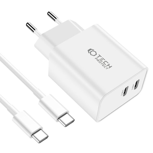 Tech-Protect 2-Port Nätverk Laddare Med USB-C Kabel - Vit