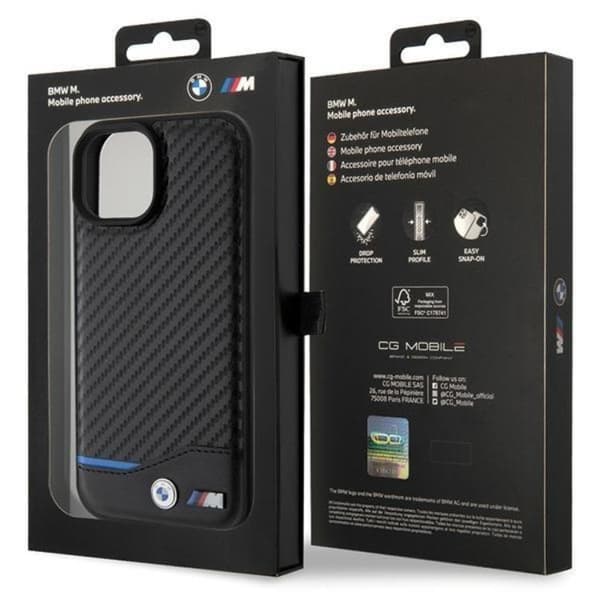 BMW iPhone 15 Plus Mobilskal Læder Carbon - Sort Black