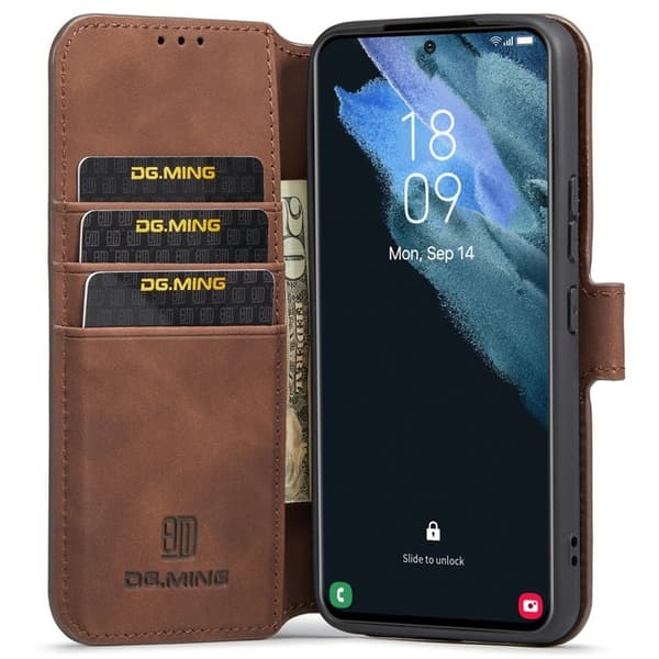 DG.MING Retro Style Konstläder Plånboksfodral för Samsung Galaxy S22 5G - Brun