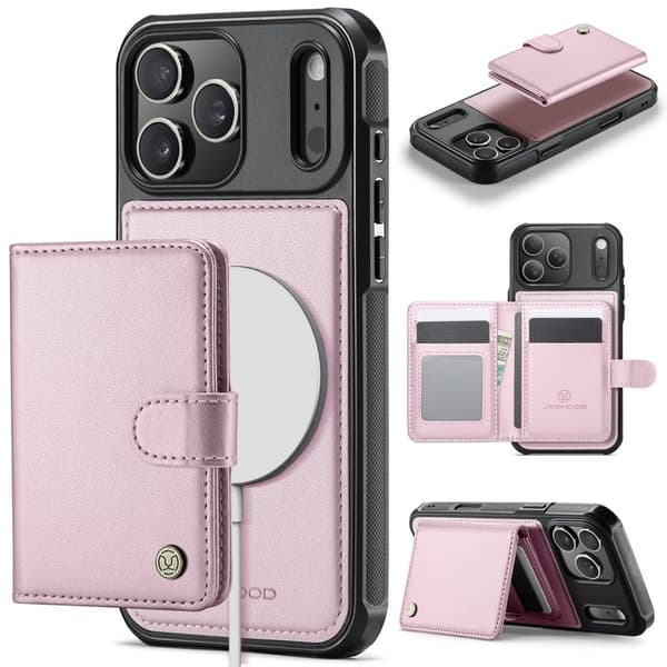 JEEHOOD J09 Mobilskal till iPhone 17 Pro RFID Låsfunktion Läder Rosa