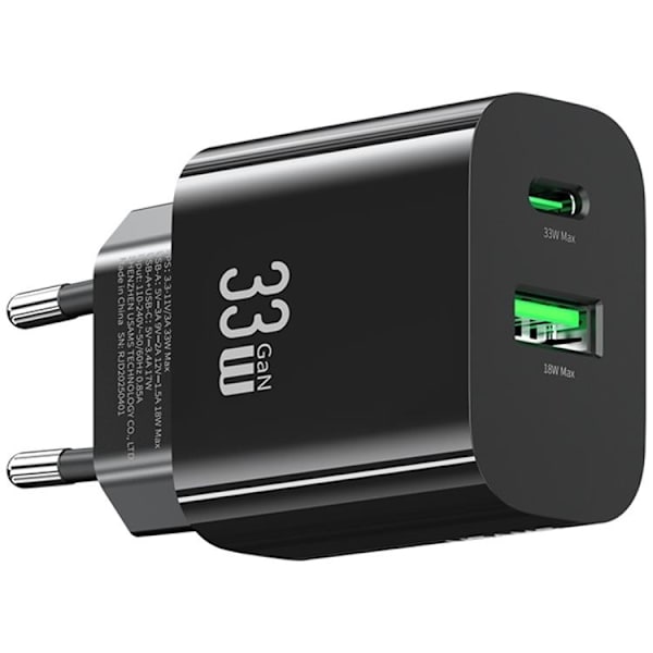 USAMS Hurtigoplader 33W 1xUSB-C 1xUSB-A CC317 - Sort Svart