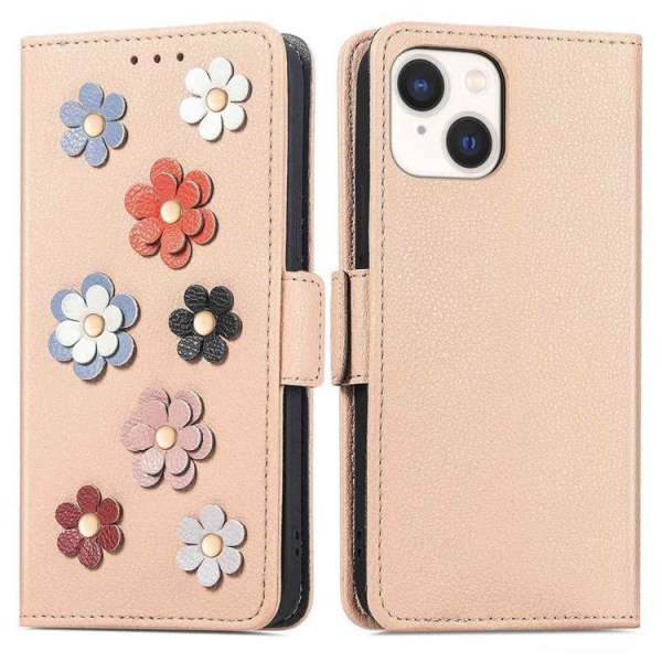 iPhone 14 -lompakkokotelo Flower Decor Magneettinen - Khaki