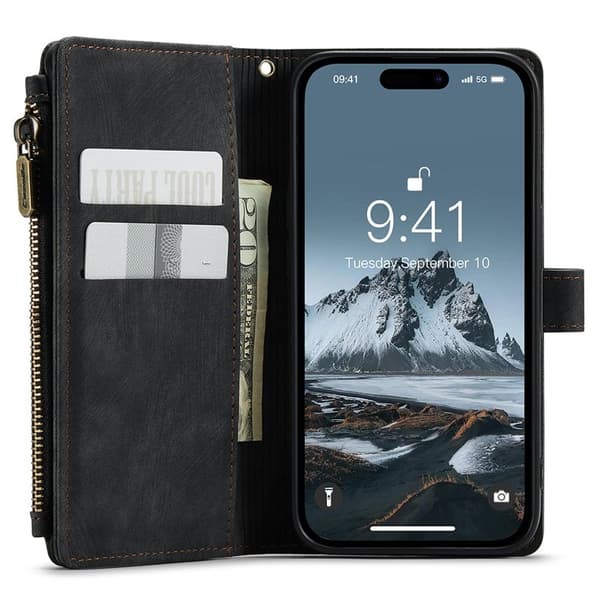 CASEME Konstläder Plånboksfodral för iPhone 15 Pro Max med rem - Svart