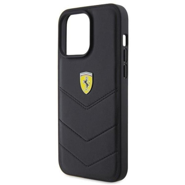 Ferrari iPhone 15 Pro Max -puhelinkuori, jossa tikkaus ja metallinen logo - Musta