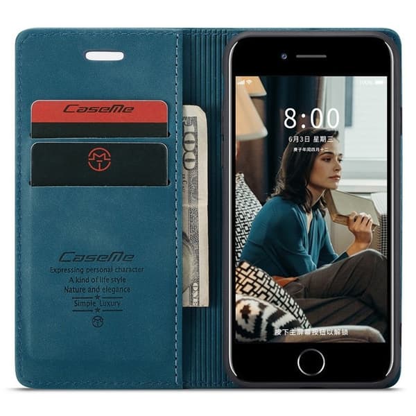 CASEME 013 Mobilskal KonstLäder med Plånboksfodral för iPhone 8/7/SE Blå