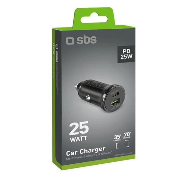 SBS biloplader USB-A til USB-C 25W strømforsyning - sort Svart