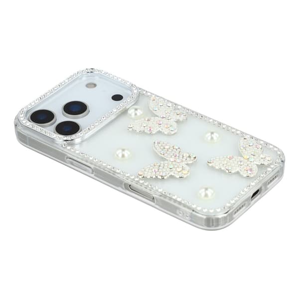 Mobilskal till iPhone 17 Pro Rhinestone Edge Pearl Butterfly Transparent