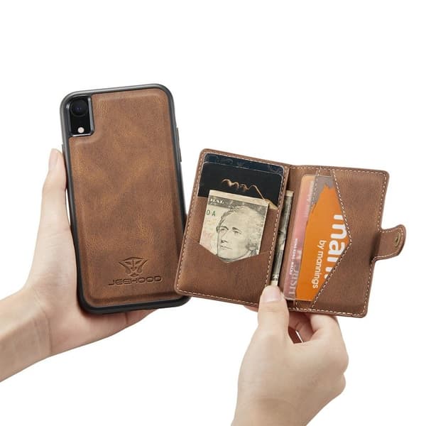 JEEHOOD iPhone XR Plånboksfodral med Ställ och Magnetisk Konstläder - Brun