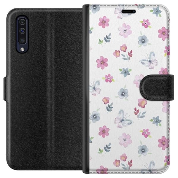 Pung Taske til Samsung Galaxy A50 med blomster og sommerfugle