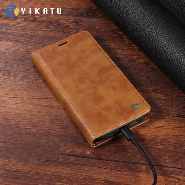 YIKATU OnePlus 15 Plånboksfodral Litchi Closure Konstläder Brun