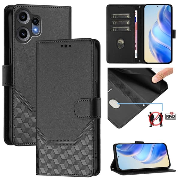Nothing CMF Phone 2 Pro Konstläder Plånboksfodral Honeycomb RFID-Skydd Svart