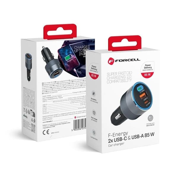 Forcell 85W Billaddare 2xUSB-C 1xUSB-A F-Energy - Svart Black