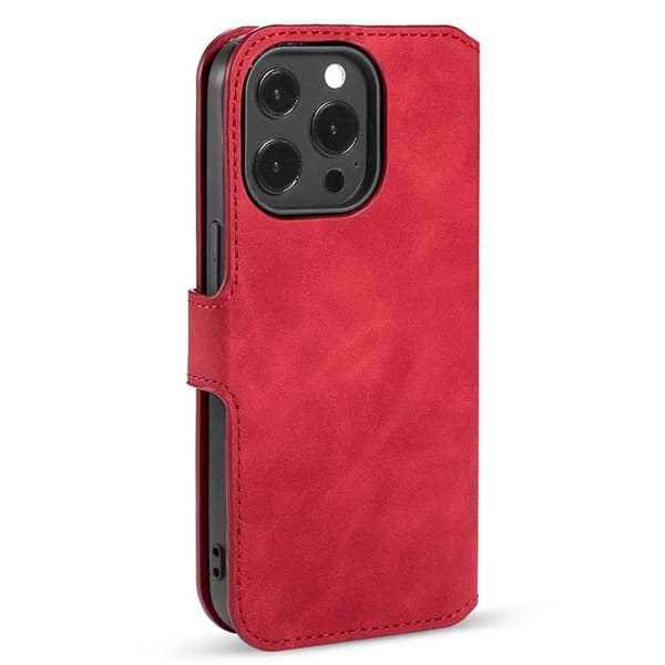 DG.MING iPhone 14 Pro Max Konstläder Plånboksfodral Retro Röd med Ställning