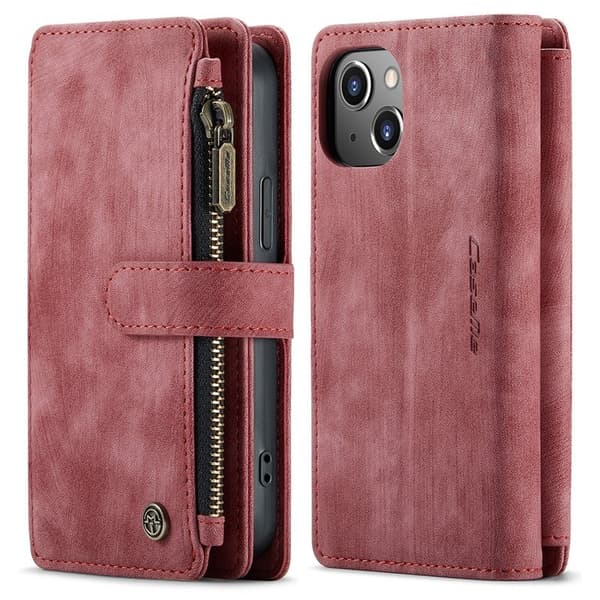 CASEME Konstläder Plånboksfodral för iPhone 13 mini med rem, Röd