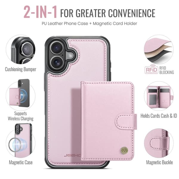 JEEHOOD J09 Mobilskal till iPhone 16 Plus med RFID Skydd - Rosa