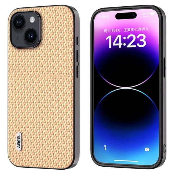 ABEEL Carbon Fiber Mobilskal för iPhone 15 - Gul PU Läder