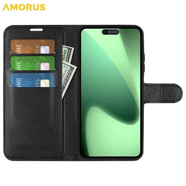 AMORUS iPhone 17 Pro Konstläder Plånboksfodral Flipstativ Litchi - Svart Svart
