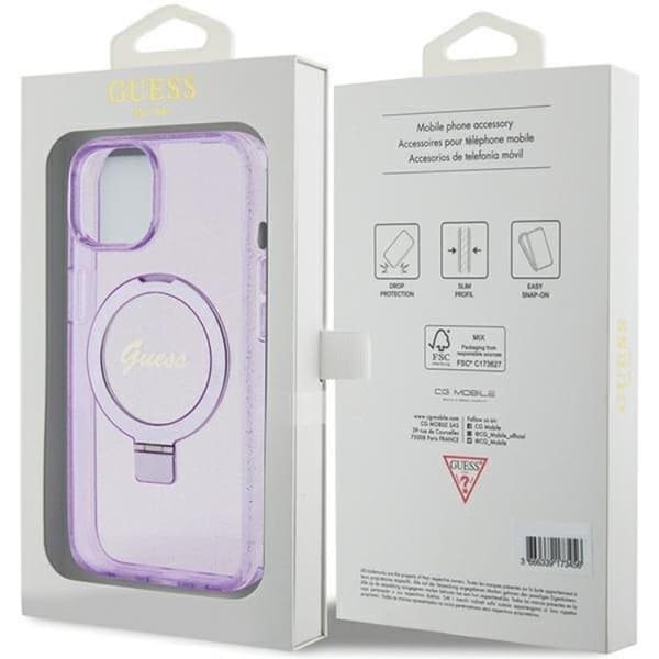 Guess iPhone 15/14 Plus Cover Magsafe Ringholder Script Glimmer Lila