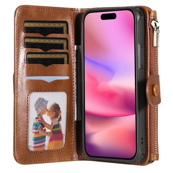 iPhone 17 Konstläder Plånboksfodral Detachable Zipper - Brun Brun