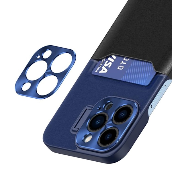 iPhone 14 Pro Max Skal Korthållare Läder Kickstand - Blå
