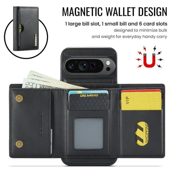 DG.MING M6 Series Konstläder Plånboksfodral för Google Pixel 9 Pro XL - Svart