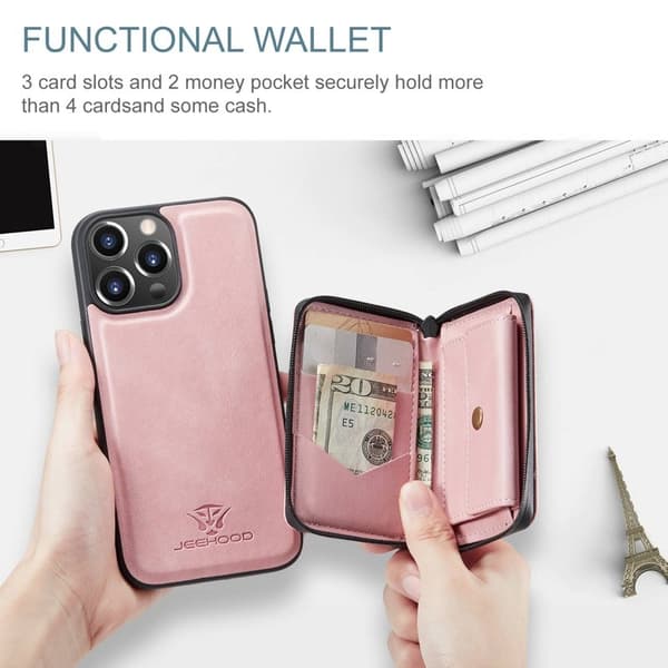 JEEHOOD Mobilskal till iPhone 14 Pro Max KonstLäder Zipper Wallet Rosa