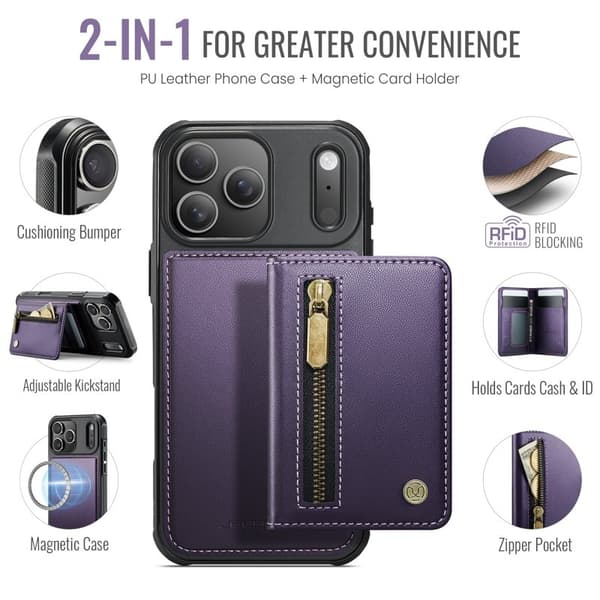 JEEHOOD J12 Plånboksfodral iPhone 17 Pro Magnetisk Lila Konstläder