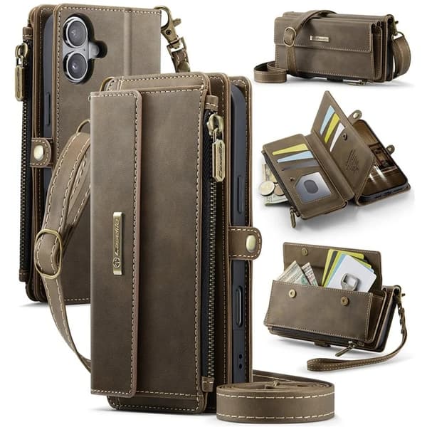 Caseme iPhone 16 Plus Konstläder Plånboksfodral RFID-Skydd Zipper - Brun Brun