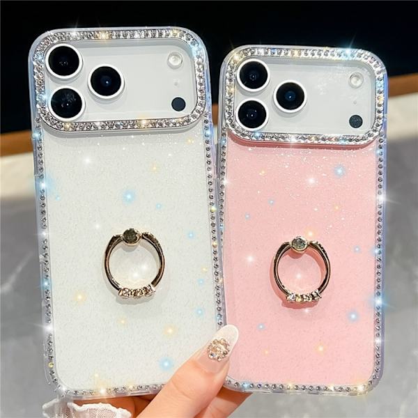 Mobilskal till iPhone 17 Pro Rhinestone Edge Ring Kickstand Vit