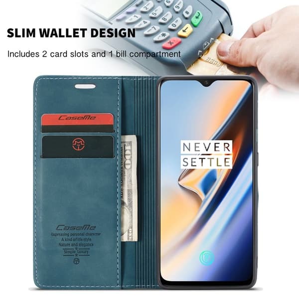 CASEME 013 Flip Konstläder Plånboksfodral för OnePlus 7 - Blå
