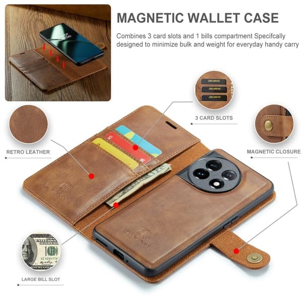 DG.MING OnePlus 11 5G Äkta Läder Plånboksfodral Detachable Magnet Brunt